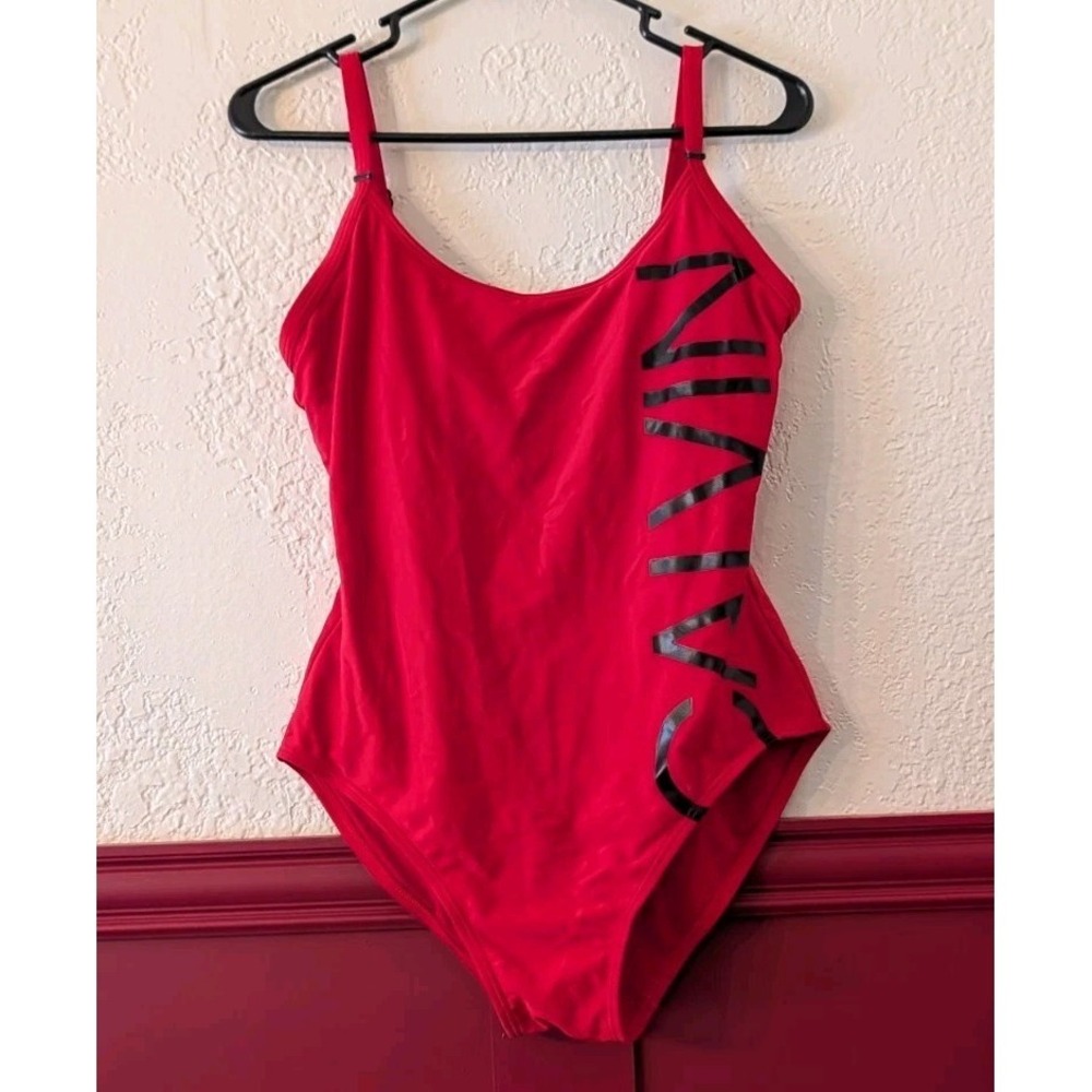 Calvin Klein Red One Piece Swimsuit Black Logo Adjustable Straps Medium‎ M